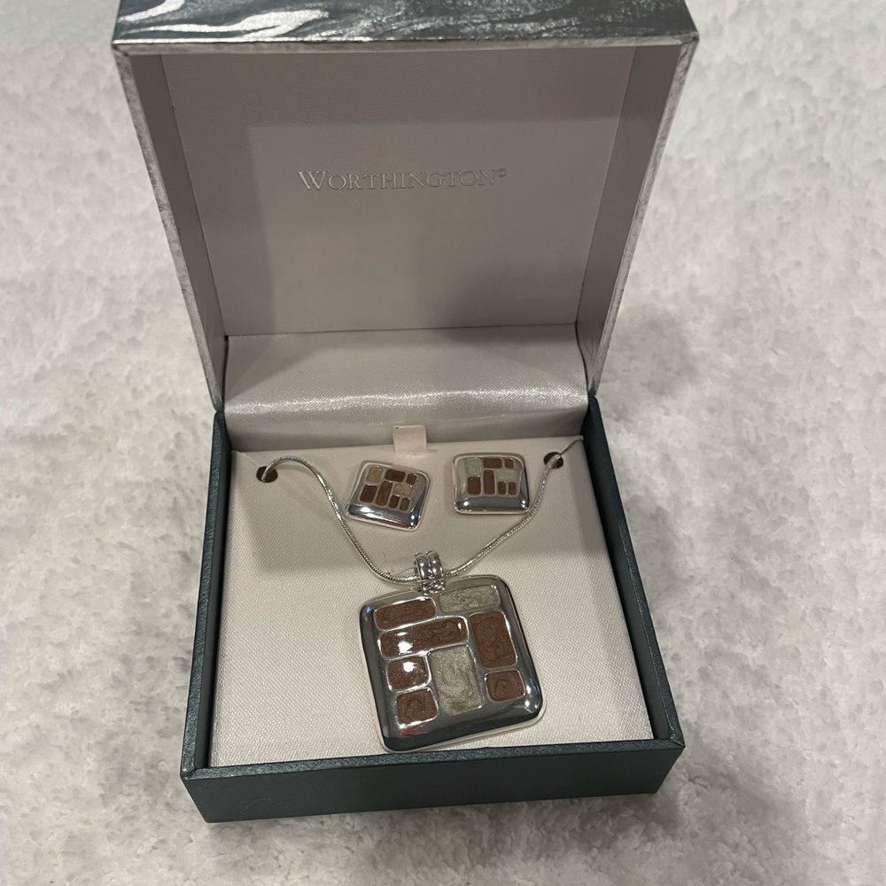 Worthington Brown & silver tone earrings and necklace set in box